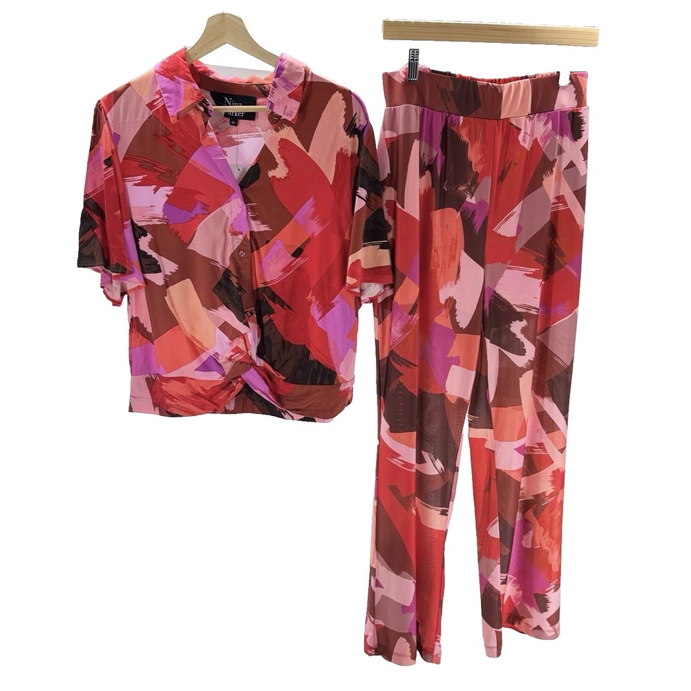 Nina Parker Paint Color Block Cropped Knot Shirt & Mesh Pants Set Plus Size 0X